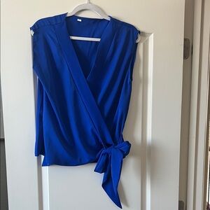 Source Unknown Cobalt Blue Sleeveless Wrap Tie Blouse
